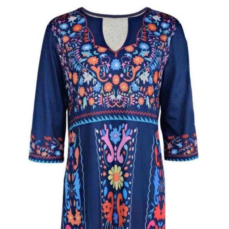 Plus Size Lady Dress V Neck Three Quarter Sleeves Bohemian Sexy A Line Loose Hem Pockets Retro Ethnic Style Print