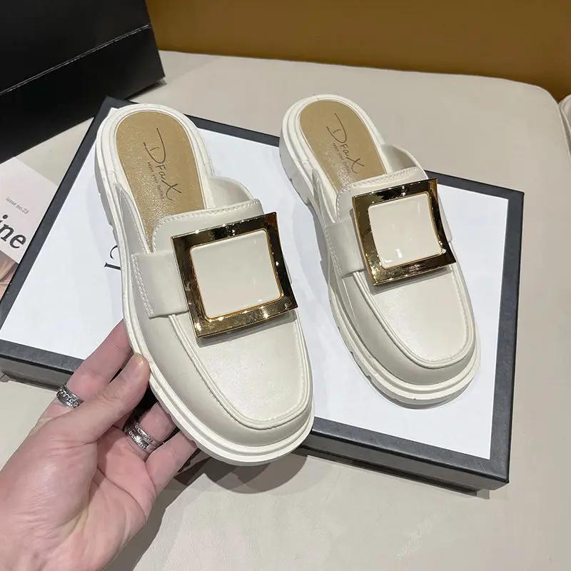 Beige Shoes For Women 2025 Summer Outside Mules Job Sandals Woman Slippers Slides Low Heel Easy Wears I Top Designs Luxury