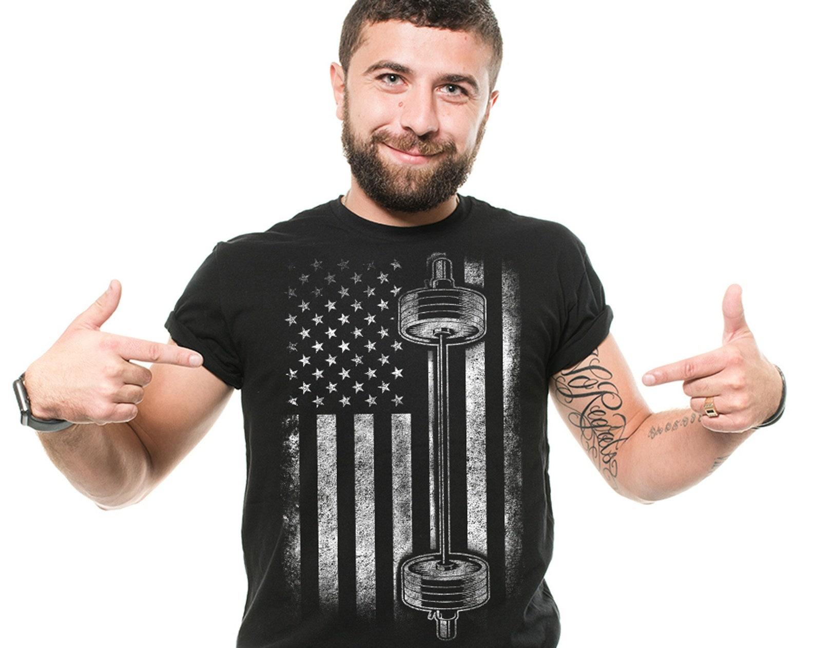 American Flag Barbell Shirt: USA Gym Workout T-Shirt M