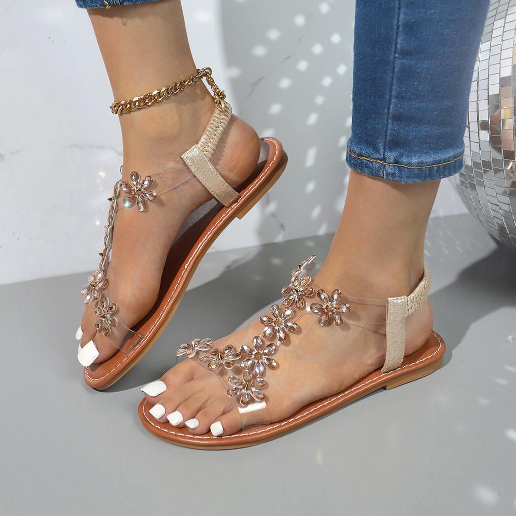 European and American Large Size Summer Rhinestones New Butterfly Flower Fashionable Flat Bottom Transparent One Word with Sandals Tide 41 a 43