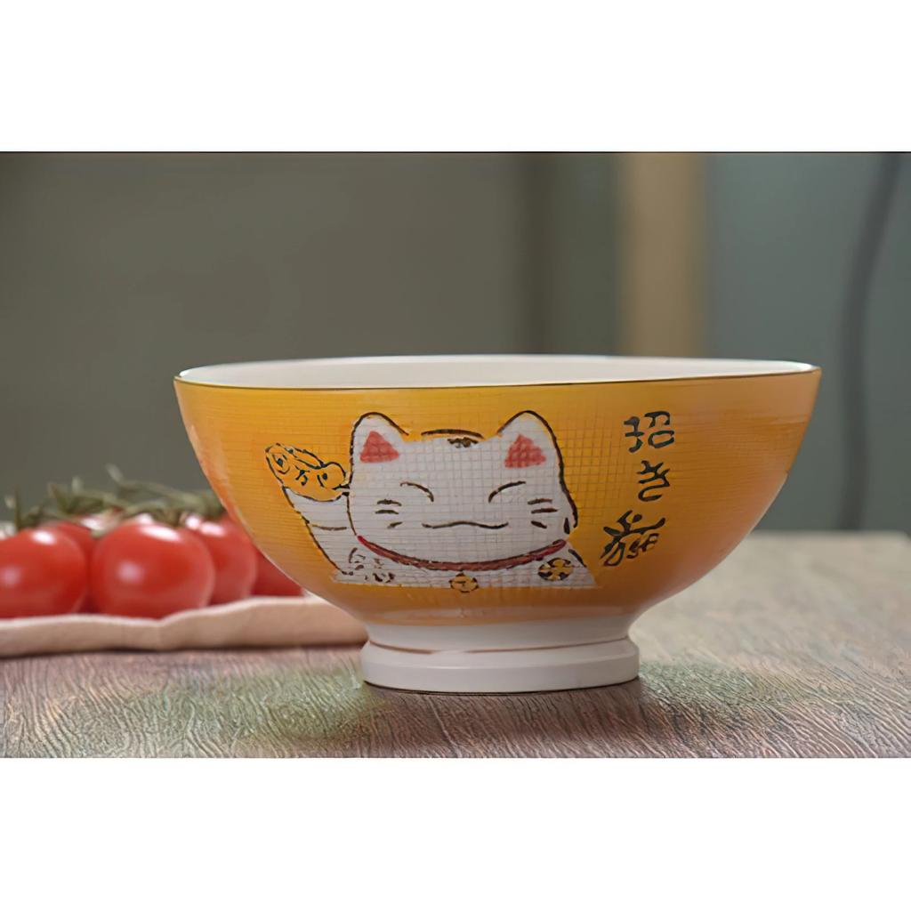 Ceramic High Bowl Multi-Sized Colorful Lucky Cat Soup Bowl Salad Bowl Underglaze Kitchen Household Tableware Children's Couple