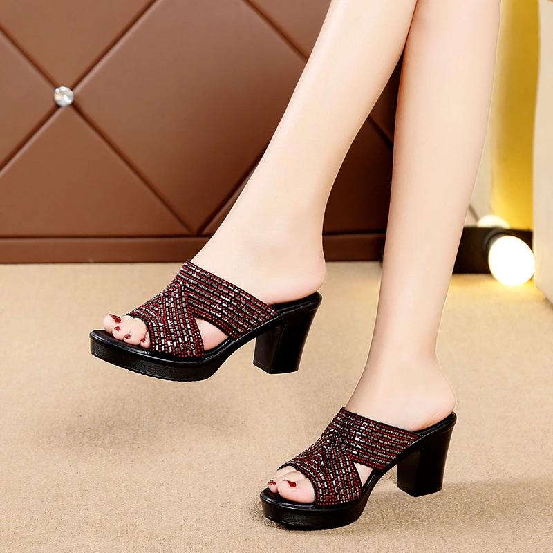 2025 Summer Open Toe Women's Slippers Crystal Casual New Plus Size Comfortable Hot Sale High Quality High Heels Zapatos