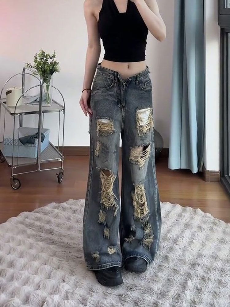 Do Old Hole Straight Jeans Women Autumn Retro Wide-leg Trousers Casual High-waisted Thin Dragged Floor Trousers Jeans for Women Long Denim Pants