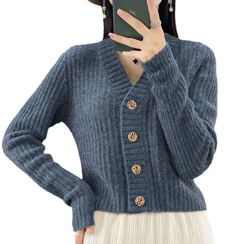 Women's Early Autumn High-Waisted Knit Cardigan - V-Neck, Fine Imitation Wool, Net Celebrity Style