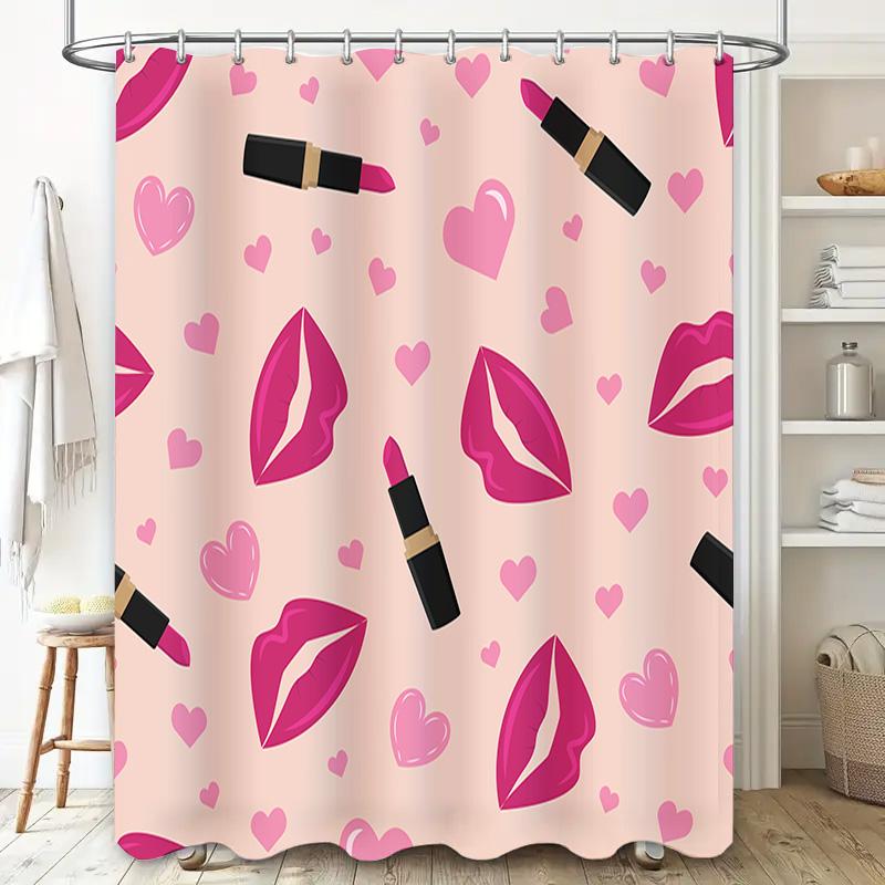 Pink Lipstick Pattern Shower Curtain Home Decor Bathroom Waterproof Fabric Curtains For Girl'S Room Pink Hearts Design With Blac