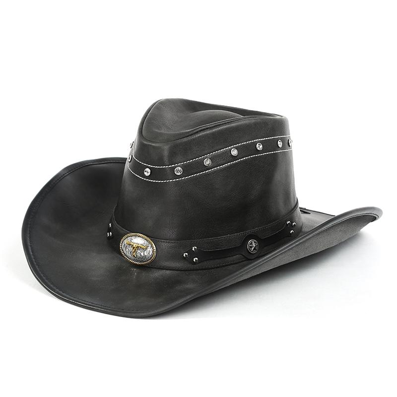 Fashionable Wide Brim Adjustable Western Style Jazz Hat Cowboy Hat With Metal Bull Head Decorated чёрный