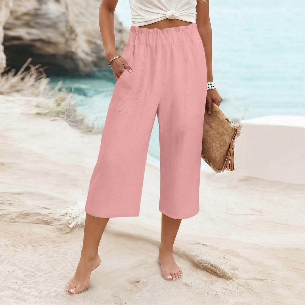 Womens Baggy Cotton Linen Pants Elastic Waist Casual Loose  Summer Beach Vacation  Pants