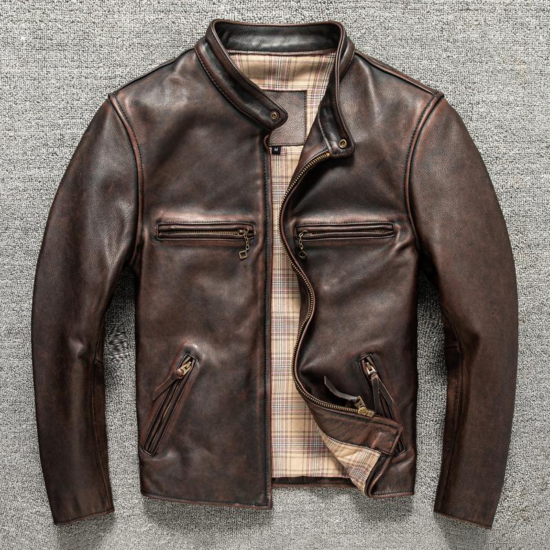 

Ретро Американский Вываренный Старый Слой Лошадиная Кожа Кожаная Одежда Мужская Стойка Воротник Короткая Мотоциклетная Одежда Кожаная Куртка Куртка 5XL