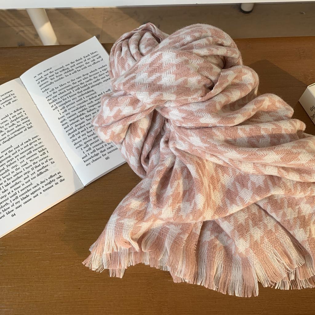 Winter Warm Couple Knitted Plaid Scarf Korean Style Versatile Tassel Contrast Color Houndstooth Scarf for Women