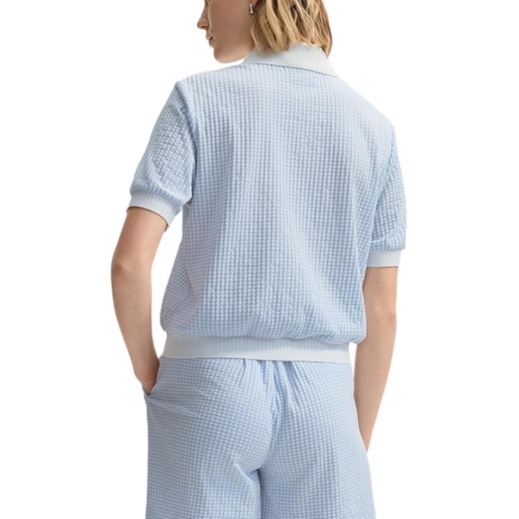 Fila White Bubble Check Simple Plaid Casual Commuter Versatile Short Sleeve Polo Shirt Women Polo Shirts Ice-Blue F11W523111F-LB