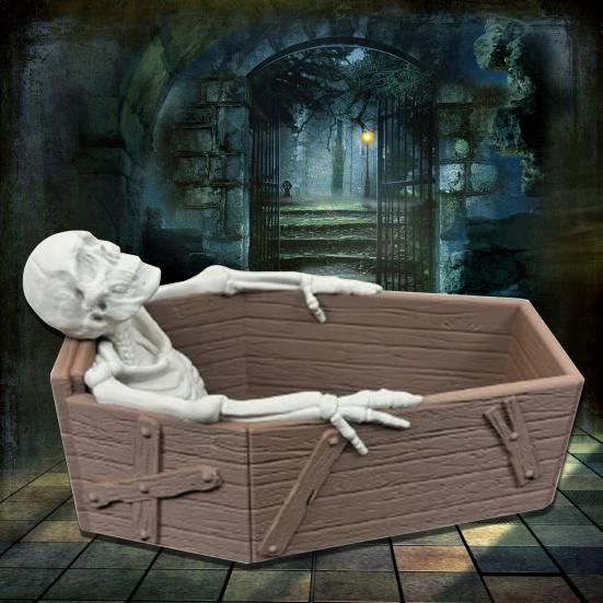 Gothic Halloween Candy Holder Casket Shape Candy Box with 3D Skeleton Figurine Spooky Desk Candy Bowl Small Serving Tray for Halloween Party Favors