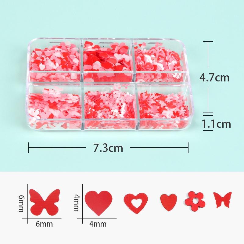 6 mřížek smíšené Valentýnské nail art flitry lesklé červené srdce s třpytivými vločkami na nehty potřeby pro profesionály příslušenství