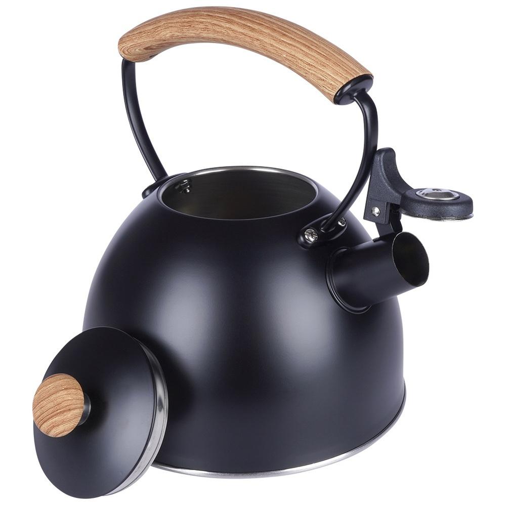 Black Steel Kettle with Whistle for Boiling Water on the Stove