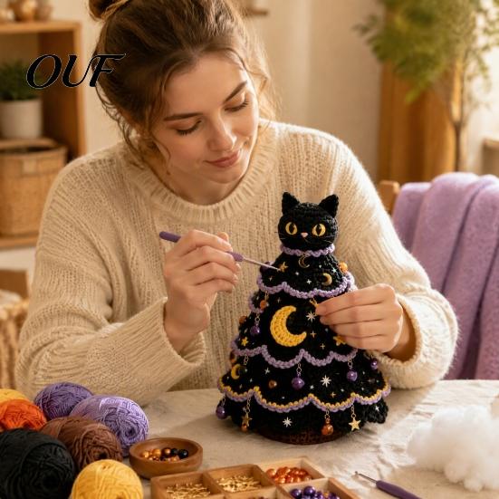 Black Cat Moon Tree Yarn Craft Halloween Crochet Pack, DIY Kit with Hooks And Step Cute Monster Set by Guide, Creative Handmade Knitting Supplies for