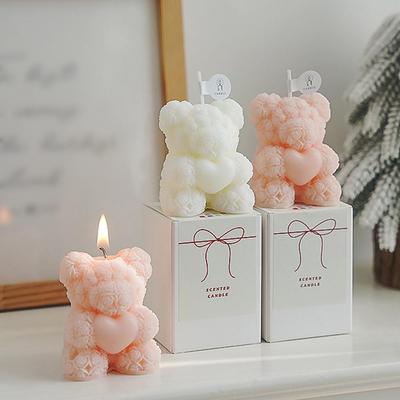 2PCS Heart Rose Bear Candle Mold Valentine Day Silicone DIY Scented Candle Making Soap Resin Art Craft Mold Decor Gift Tools
