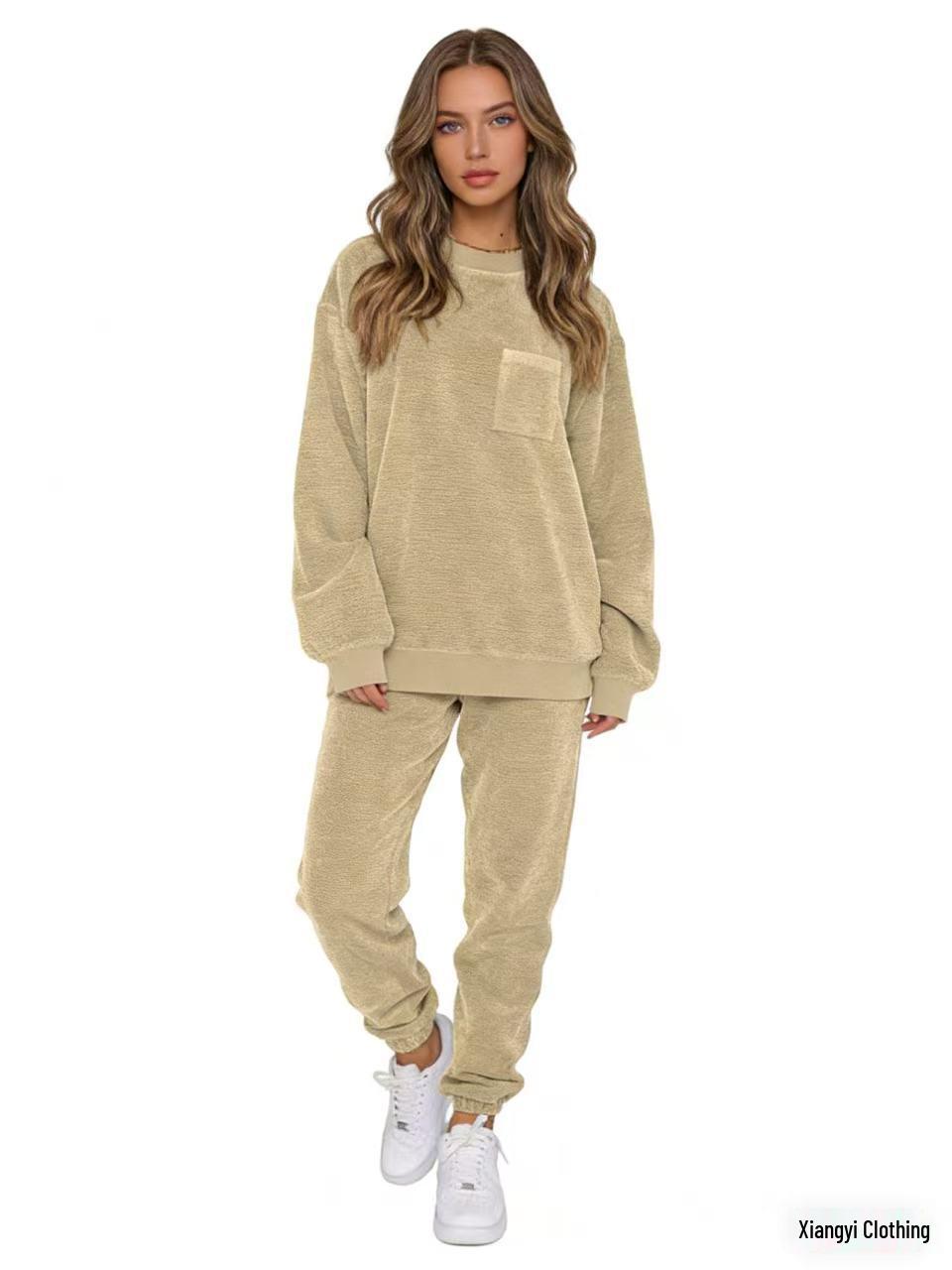 

European & American Autumn/Winter Corduroy Solid Color Pullover with Foot-tie Pants Set S