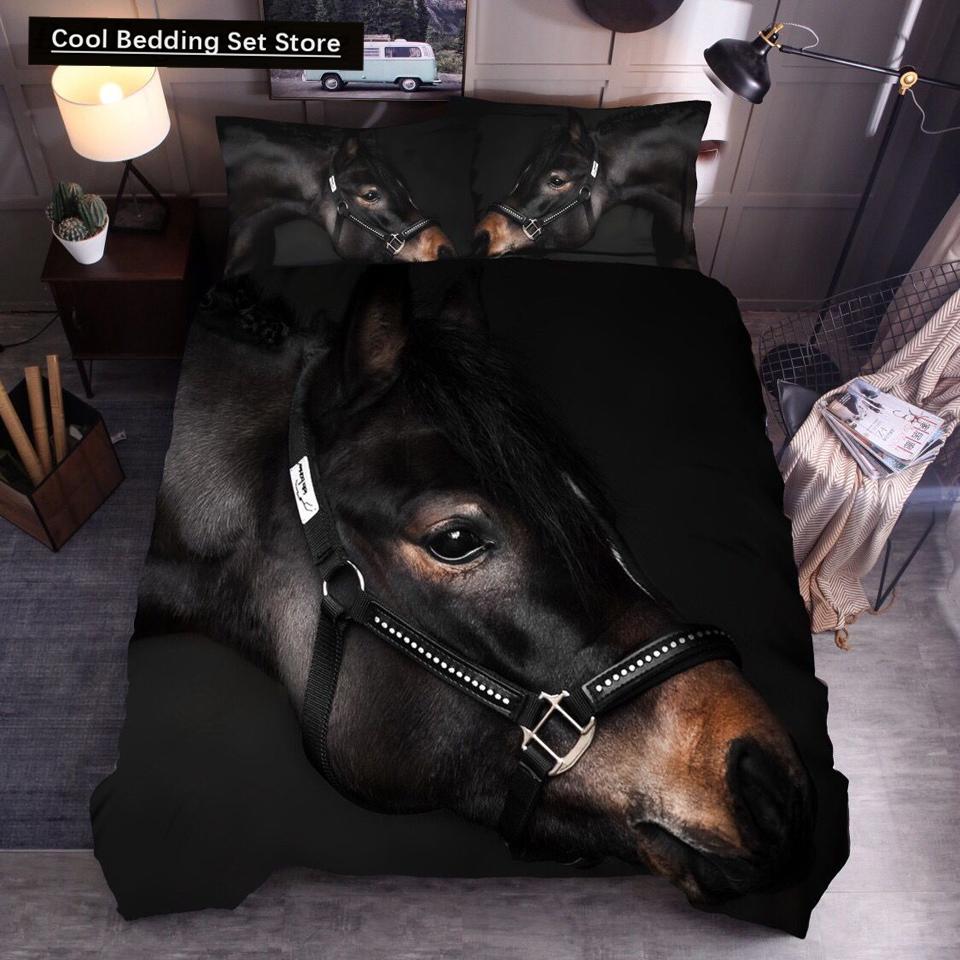 3D Horse Printing Duvet Cover Animal Bedding Set Twin Full Double Queen King Size for Kids Men Black Soft Quilt Cover Pillowcase