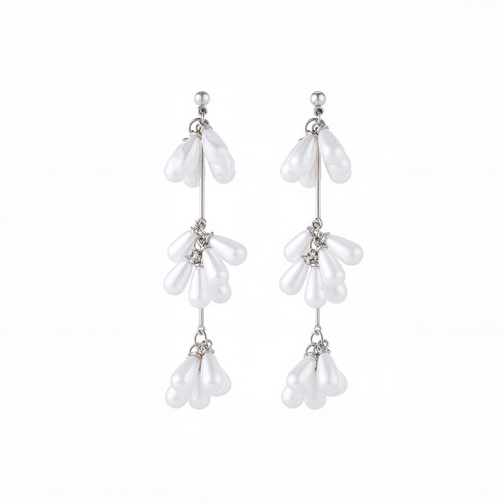 Light Luxury French Water Drop Imitation Pearl Flower Fringed Earrings Women'S Fashion Exquisite Elegant Niche Long Earrings