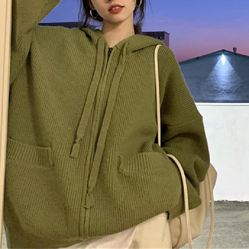 Spring and Autumn New Lazy Wind Zipper Hooded Knitted Cardigan Top Women's Loose Versatile Skinny Sweater Jacket
