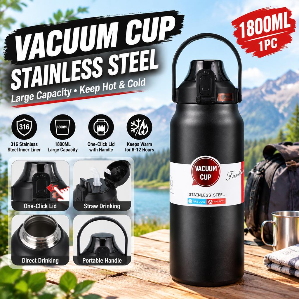 1800ml Large Capacity Stainless Steel Thermos with One-Click Lid and Handle