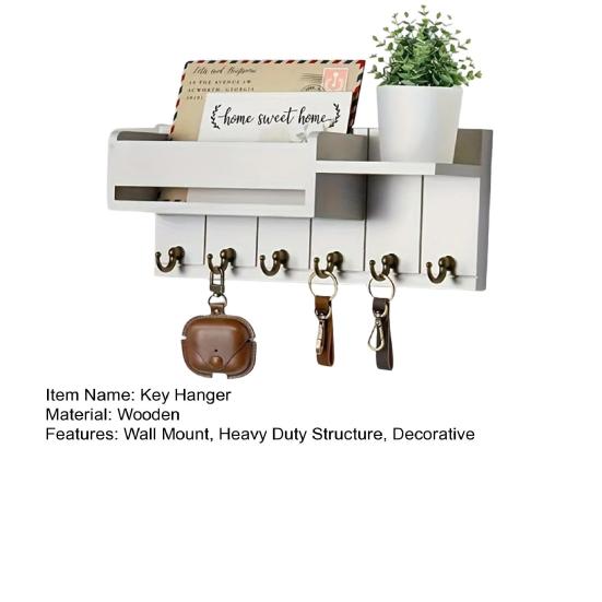 Wooden Home Key Holder with 6 Hooks Open Shelf Rustic Wall Mount Key Organizer Multi-purpose Home Office Entryway Decorative Key Hanger