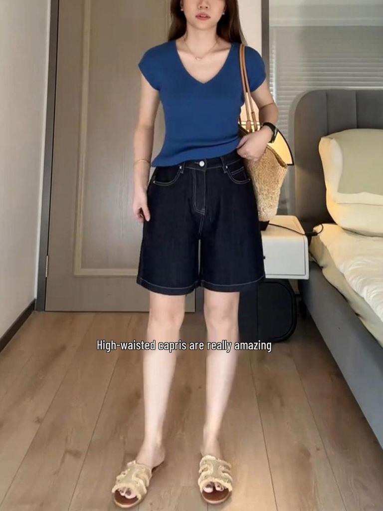 Women's Versatile Deep Blue Denim Shorts - Summer 2026 Thin Style, Plus Size, Loose Slimming Fit