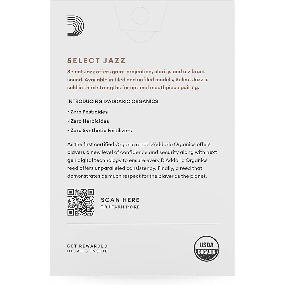 D'Addario WoodWinds Daddario Reed for Alto Saxophone USDA Organic Certified SELECT JAZZ Unfiled O...