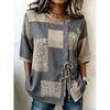 Women's Grey Patchwork Print Drawstring Button Up Blouse, Casual Round Neck Tops for Spring Summer Daily Vacation Wear