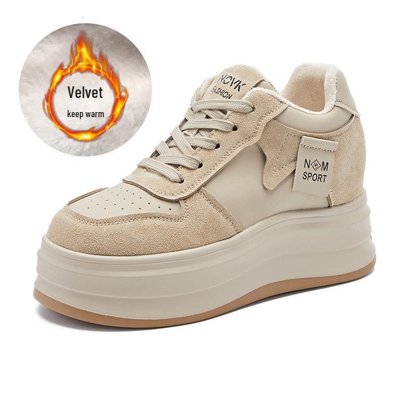 Women's 2024 Genuine Leather & Velvet Dad Shoes: Autumn/Winter Thick-Soled, Height-Enhancing, Versatile Casual White Shoes