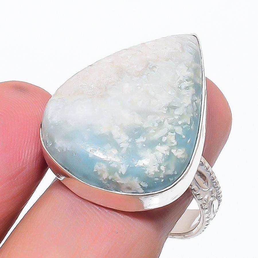 Natural Larimar Gemstone Handmade 925 Sterling Silver Jewelry Ring Size 9.5 t0B54