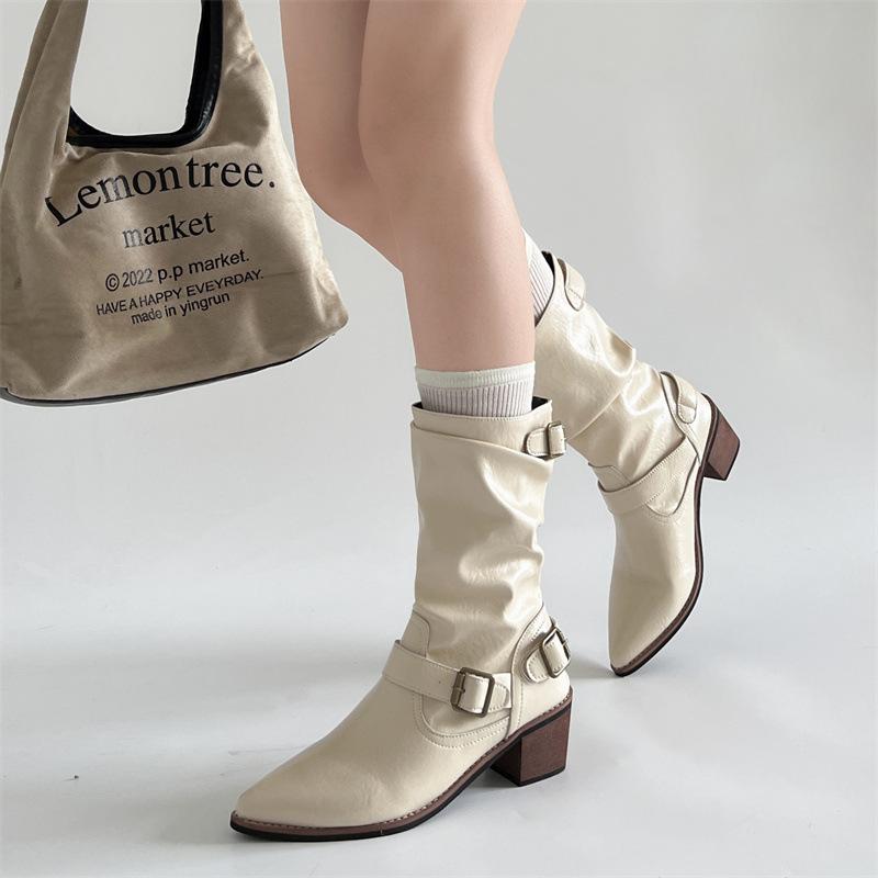 Fashion Autumn Winter Women Western Cowboy Boots Vintage Slip On Thick Heel Shoes Ladies Mid Calf Botas Zapatos De Mujer