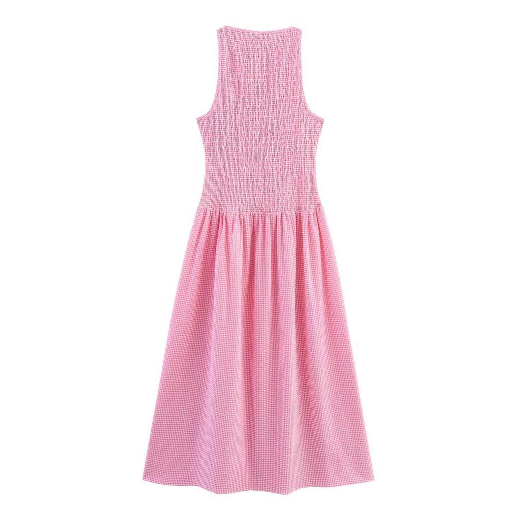 SAW Sleeveless Plaid Summer Dress with Round Neck