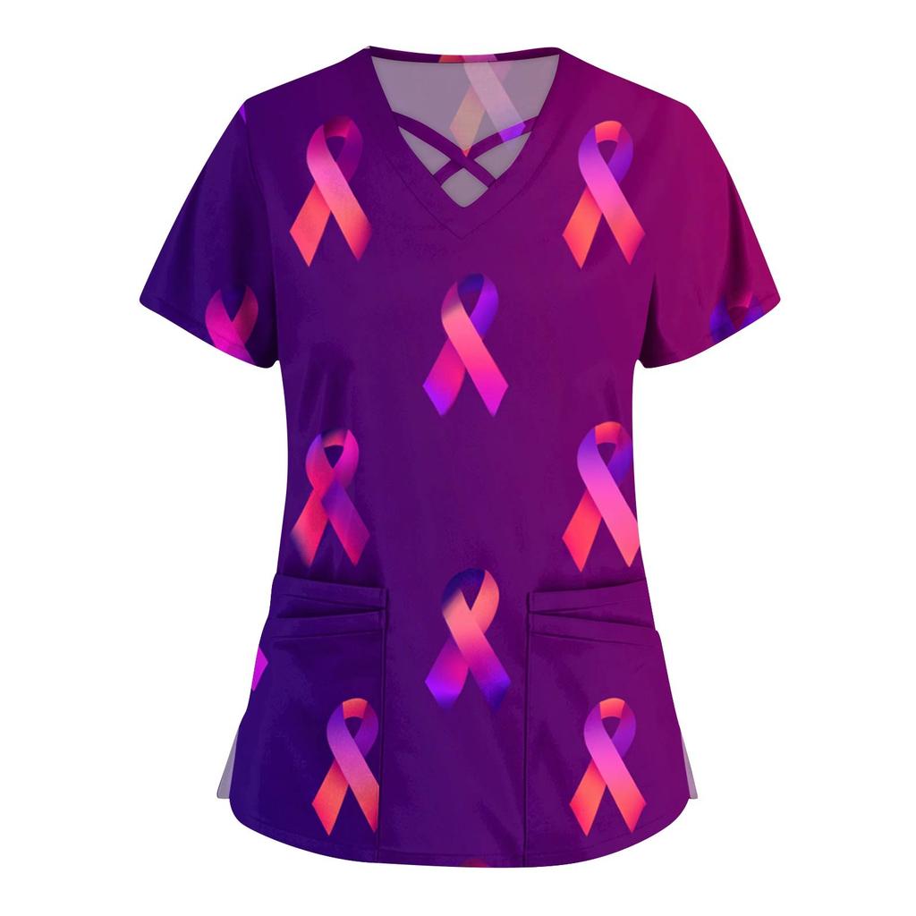 Women's Fashion  V-Neck Short Sleeve Overalls Double Layer Pocket Printed Tops  Apparel