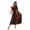 Summer European American Women's Solid Color Off-the-shoulder Short Sleeve Elastic Waist Tie Patchwork Dress