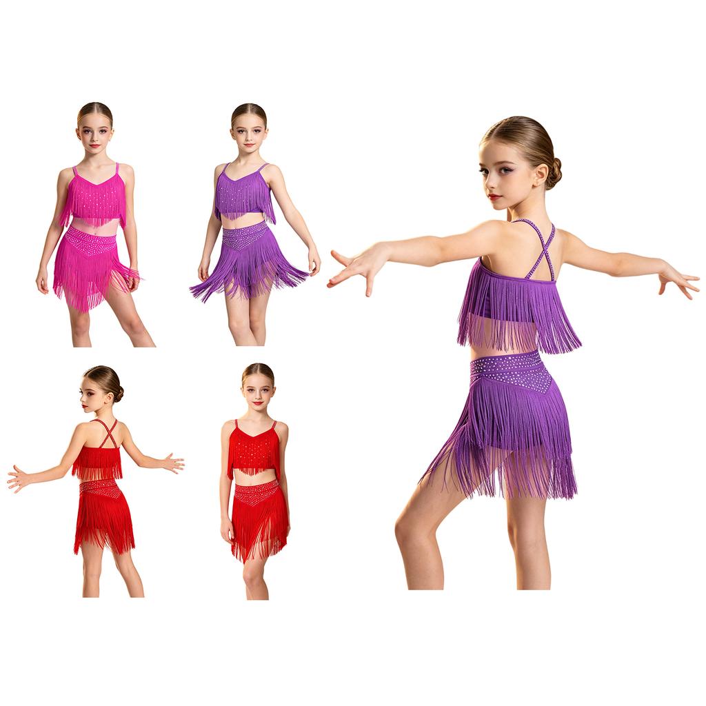 Girls V Neck Sleeveless Latin Dance Crop Top with Crisscross Back Spaghetti Straps Rhinestone Fringe and Tiered Tassel Skirt for Stage