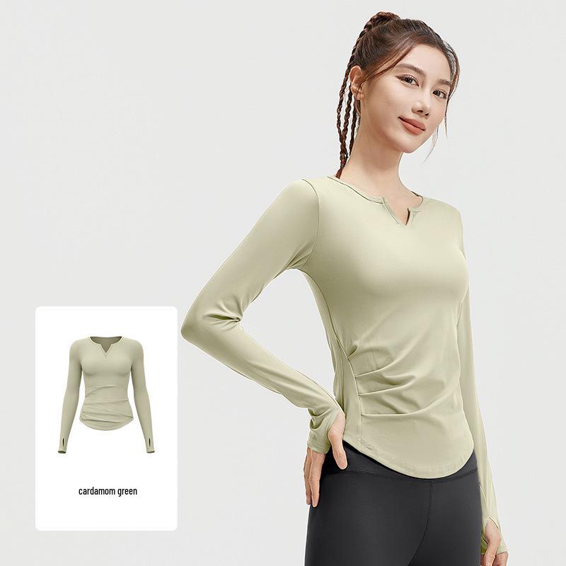 Juyitang Seamless V-Neck Long-Sleeve Yoga Suit with Pleated Waist and Slim-Fit Top
