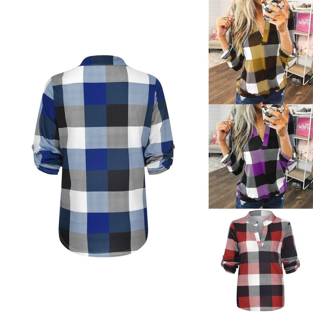 Stylish S-5xl Women's Long Sleeve Plaid T-shirt Blouse With V-neck Design