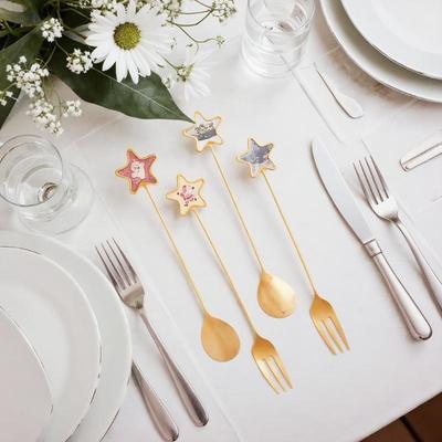 2/6PCS Christmas Stir Spoon And Golden Dessert Fork Set With Five Star Tree Design For Christmas Eve Party Gift Tableware