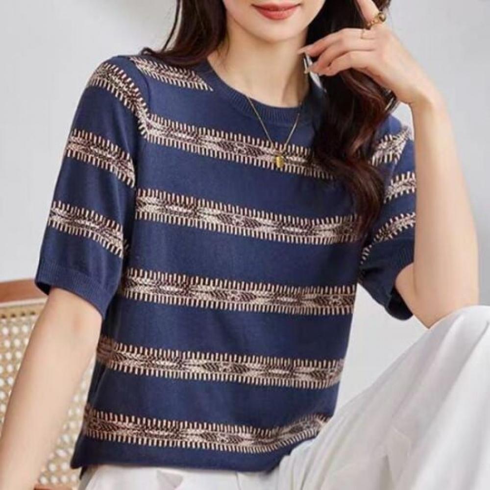 Navava Ethnic Vintage Stripe Short Sleeve Knit Tee Nk2990