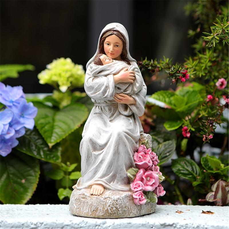 Artistic Religious Mother Son Statue Resins Figurine with LED Light Nursery Decors Mother Day Present For New Mom