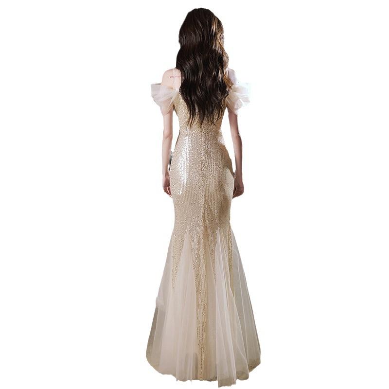 Champagne Sequined Evening Dress Skirt   New One-word Shoulder Waist Fishtail Light Luxury Niche Hosting Banquet Dress