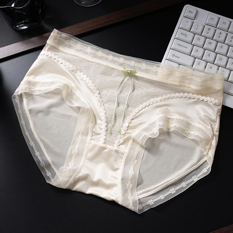 

Женские летние тонкие сексуальные кружевные дышащие сетчатые трусы-слипы со средней посадкой из ледяного шелка XL телесный