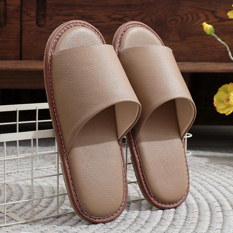 

Genuine Cow Leather Slippers Homes in indoor slipper summer open toe sandals men women elderly casual single Slides shoes 34 верблюд