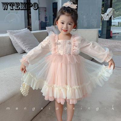 Girls Embroidery Dress Children's Cute Puff Skirt Mesh Princess Dress Baby Girl Spring Dress Long Sleeve Lace Pink Dress