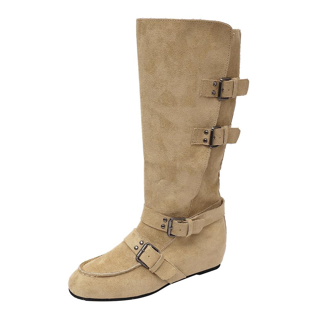 Knight boots women's hand stitching high boots comfortable European and American style French inner height increase belt buckle round head thin retro