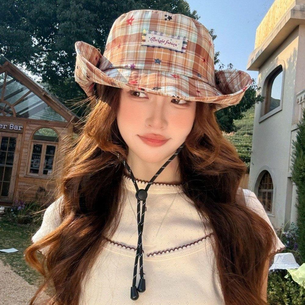 Wide Brim Women Sun Hat Sun Protection Sunscreen Bucket Hat Portable Plaid Fisherman Hat  Summer