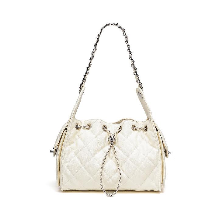 

Стеганая сумка-подмышка на цепочке из натуральной кожи Универсальная большая вместительная сумка-ведро с узором «икра» Одно плечо Сумка-мешок на завязках 25*14*19 бежевый