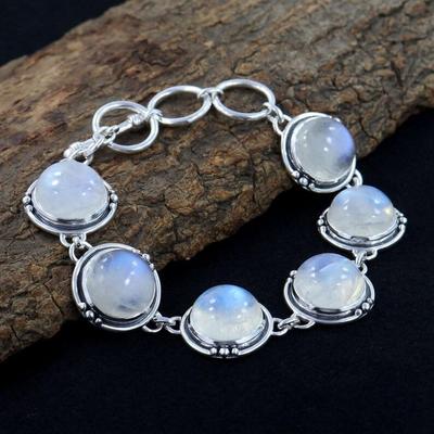 Mondstein-Armband mit rundem Edelstein, Boho-Schmuck, handgefertigtes Armband, Hochzeits-Geburtstagsgeschenk, 925 Sterling Silber