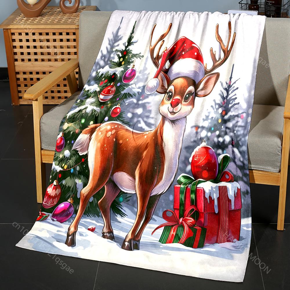 Christmas-themed Deer and Decor Pattern Blanket Flannel Material Soft Warm for All Seasons Home Outdoor Camping Picnics RV