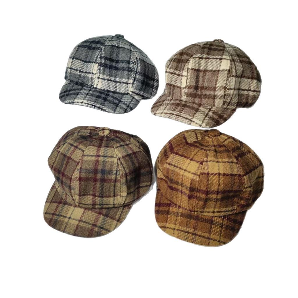 British Retro Contrasting Color Plaid Newsboy Hat Female Autumn and Winter Warm Temperament Cap Internet Celebrity Tide with Woolen Octagonal Hat